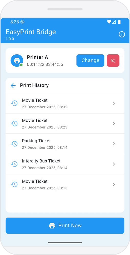 Screenshot EasyPrint Bridge Mobile - Print History