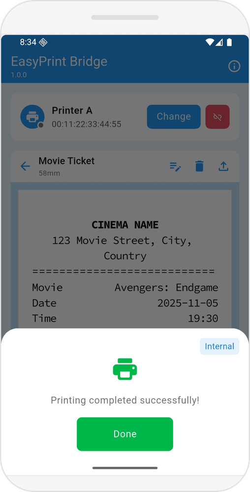 Screenshot EasyPrint Bridge Mobile - Printing Success